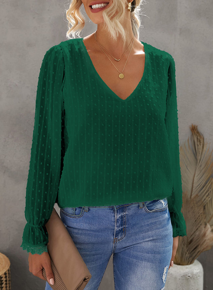 V Neck Puff Sleeve Swiss Dot Blouse