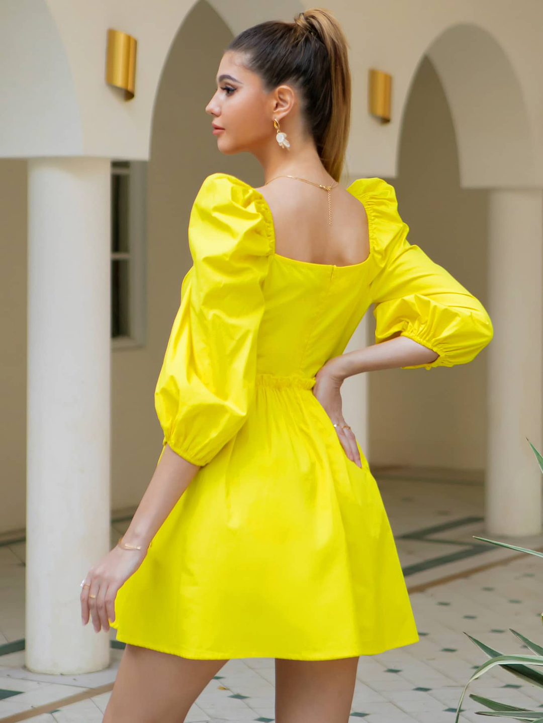 Neon Yellow Balloon Sleeve Frill Trim Skater Dress