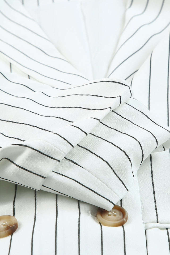 White Double-Breasted Striped Blazer with Pocket