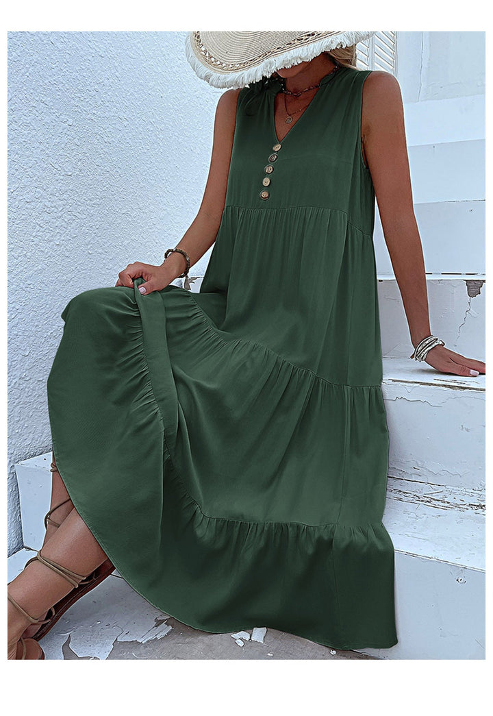 Solid Notched Buttoned Tiered Maxi Dress