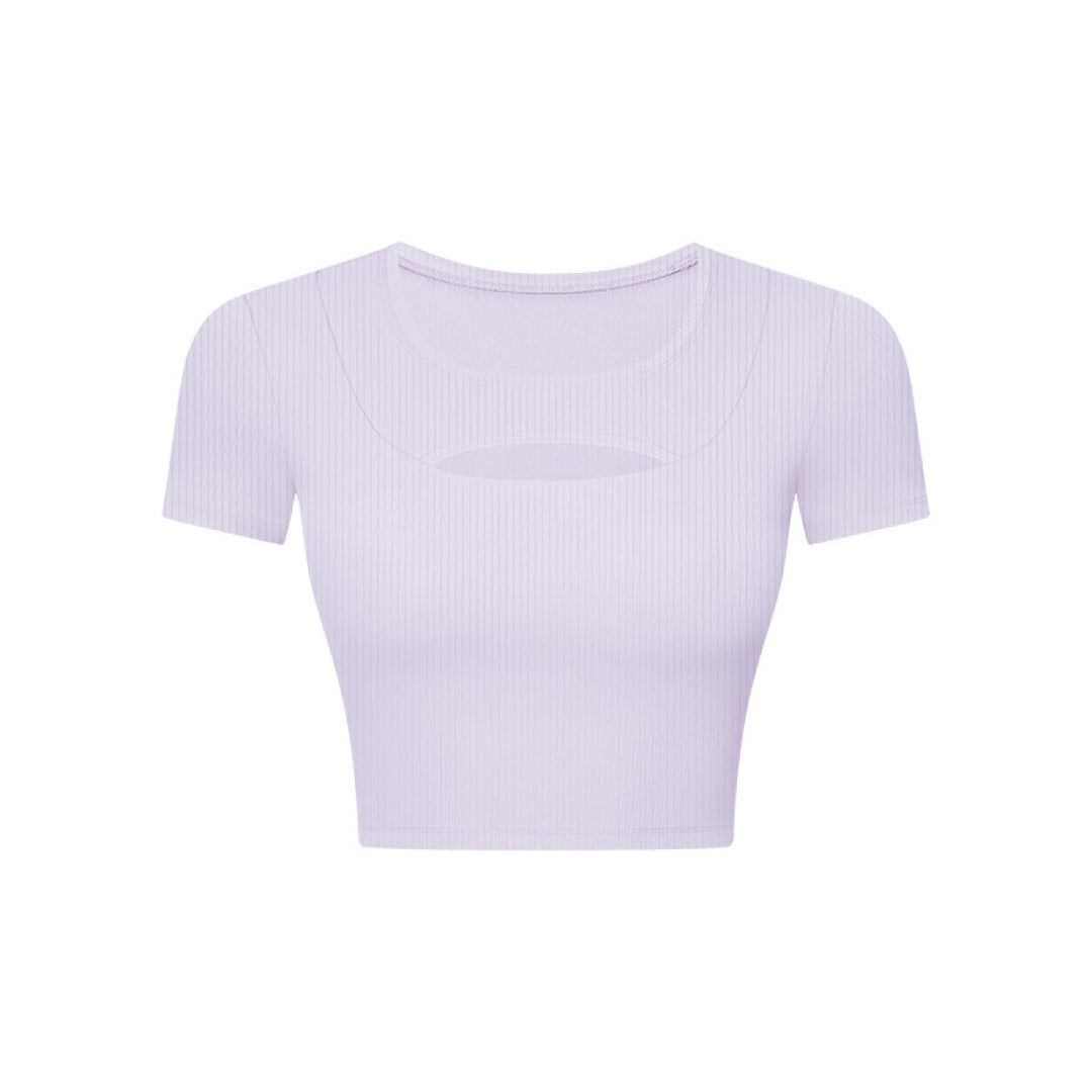 Solid Ribbed Round Neck Cut Out Crop Active Top