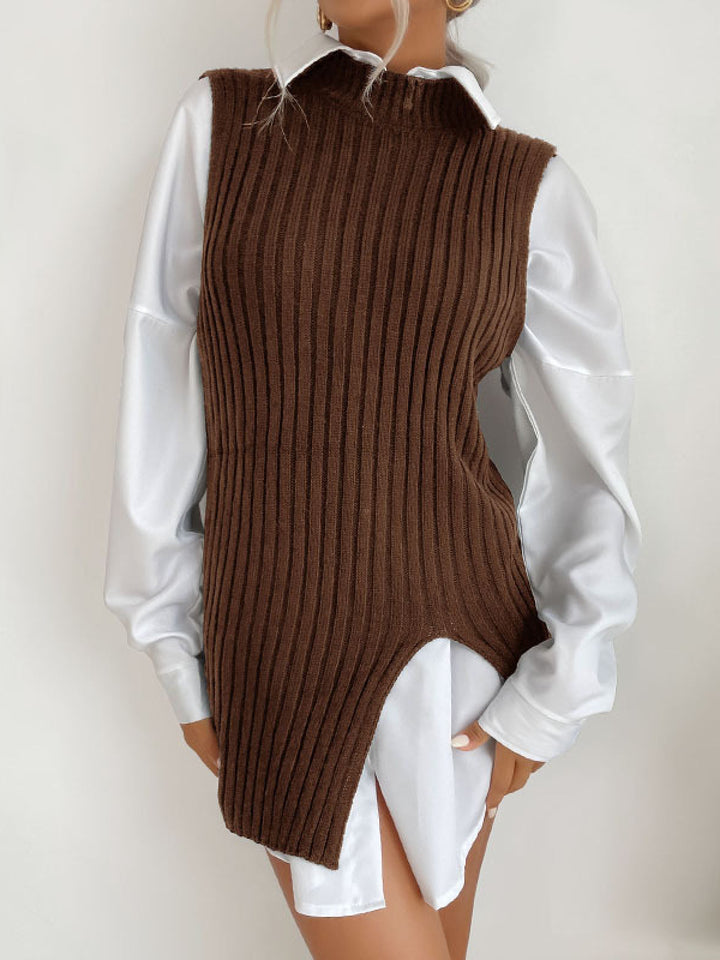 Solid Sleeveless Mockneck Side-Slit Knit Vest Dress without Belt