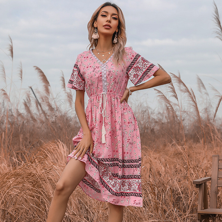 Boho Pink V-Neck Tassel Floral Dress