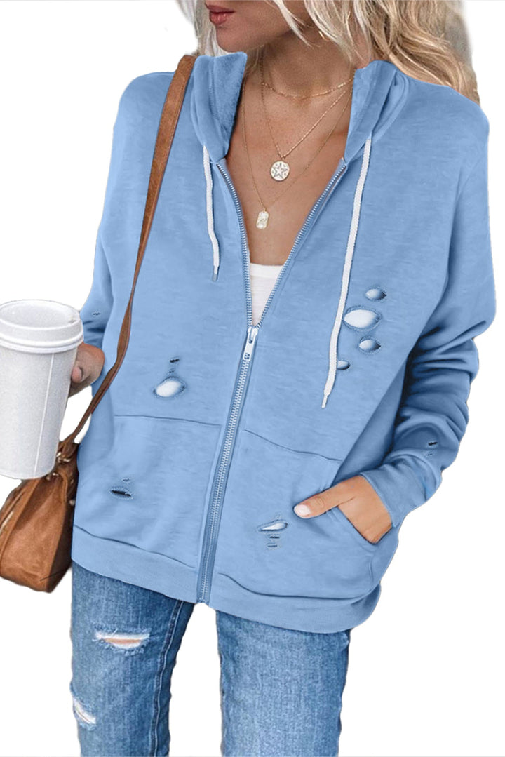 Ripped Zipper Pocket Hoodie