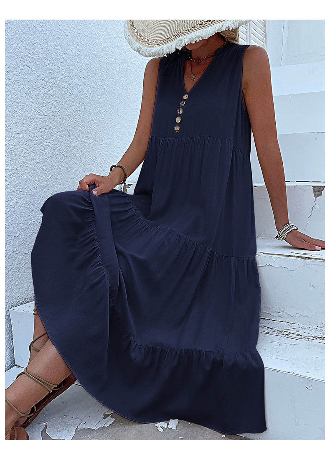 Solid Notched Buttoned Tiered Maxi Dress