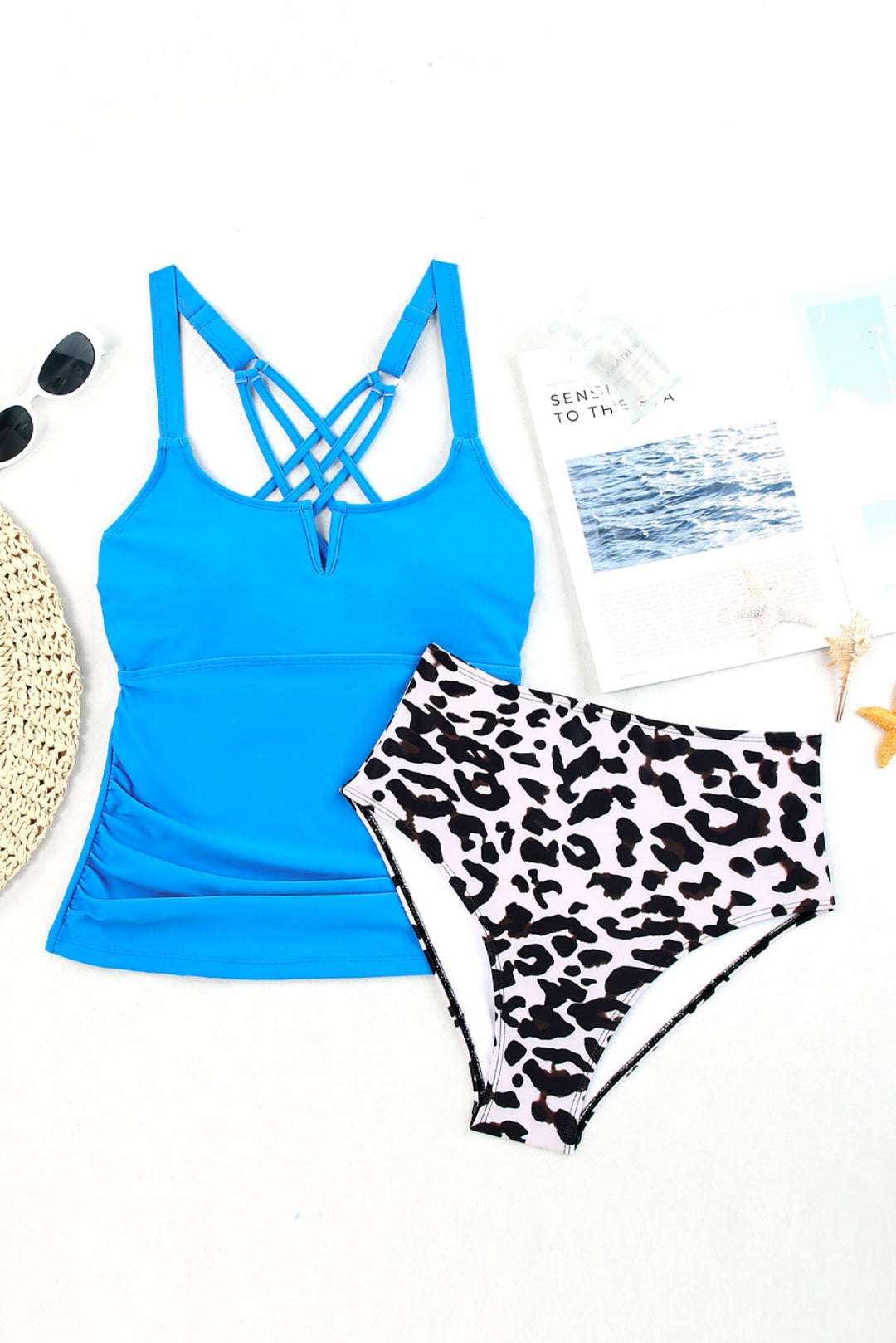 High Waist Notch Neckline Strappy Tankini Contrast Swimsuit