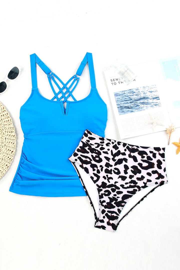 High Waist Notch Neckline Strappy Tankini Contrast Swimsuit