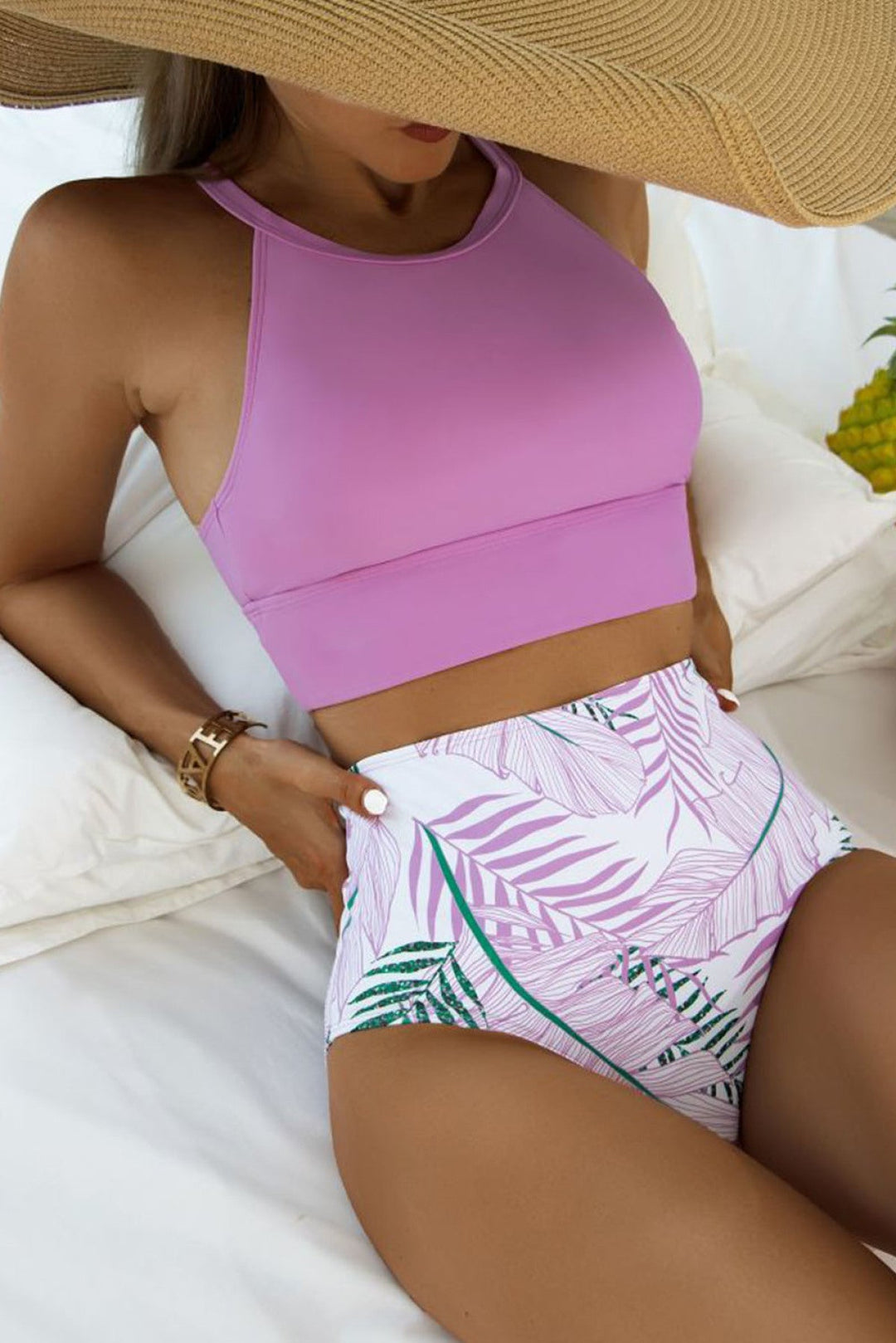 Solid Strappy Halter Bikini Printed High Waist Swimsuit