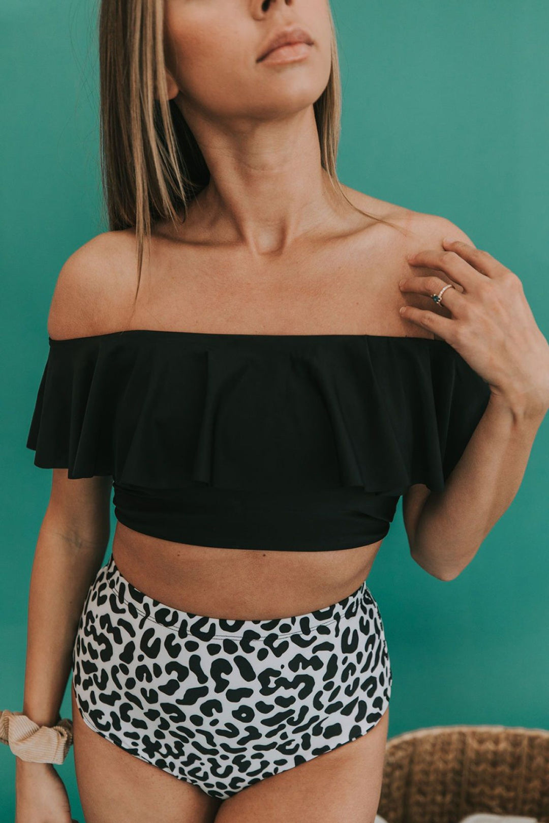 Ruffled Top & Striped High Waisted Swimsuit