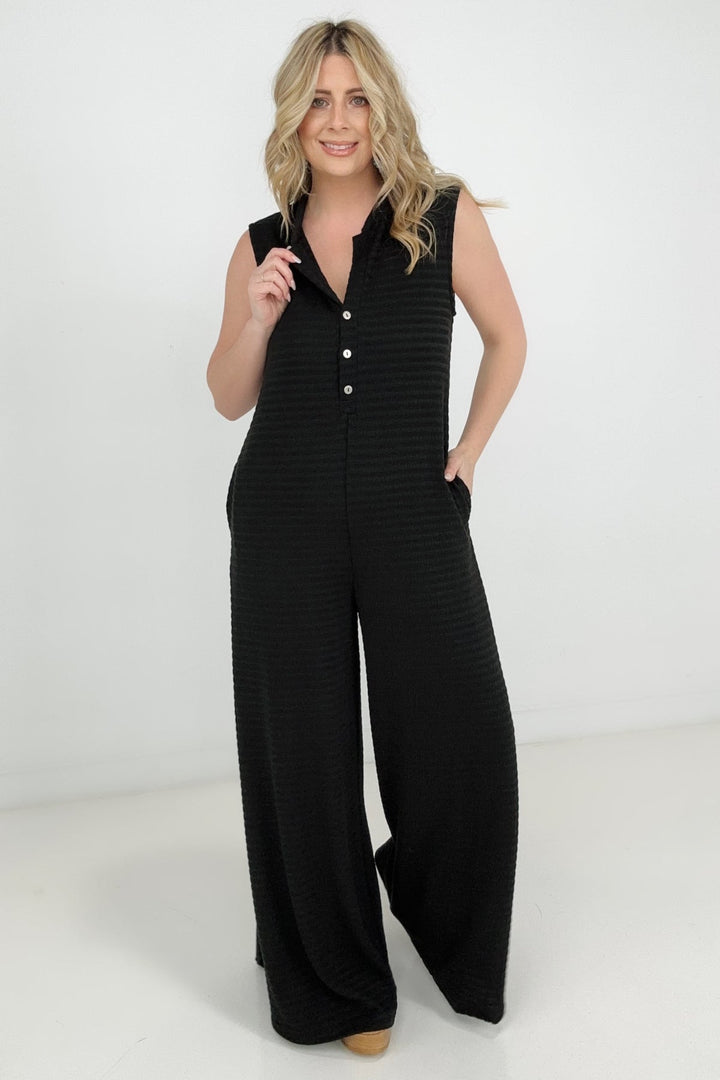 Jade By Jane Button Up Textured Wide Leg Jumpsuit