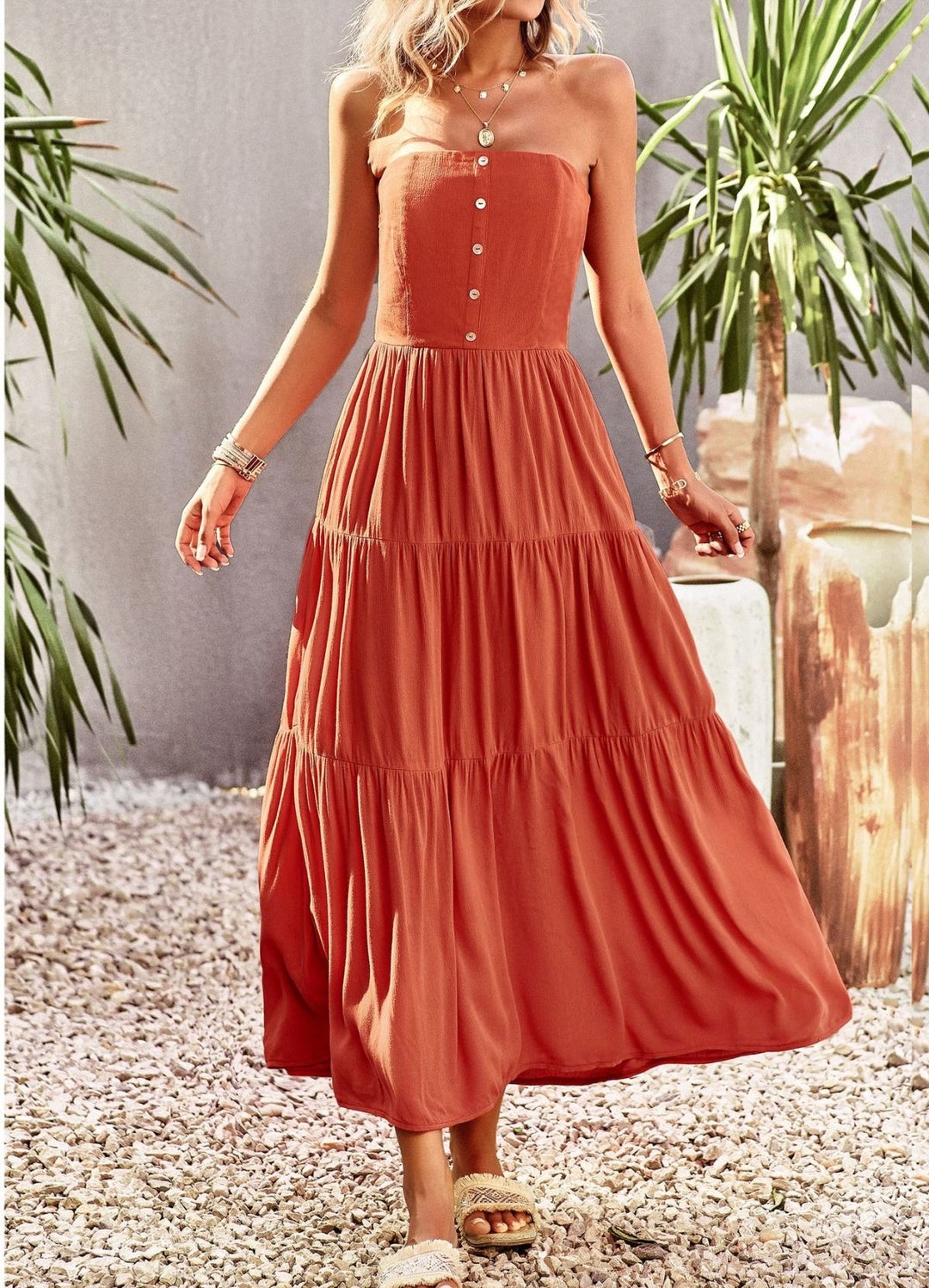Strapless Buttoned Pleated Tiered Dress With Pocket