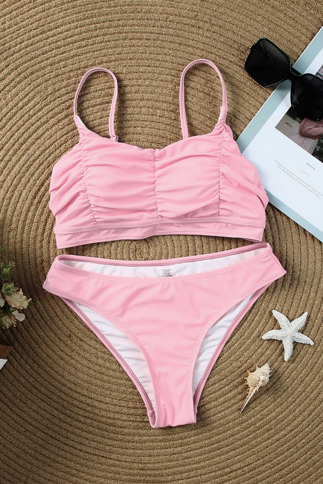2Pcs Ruched Bikini Solid Swimsuit