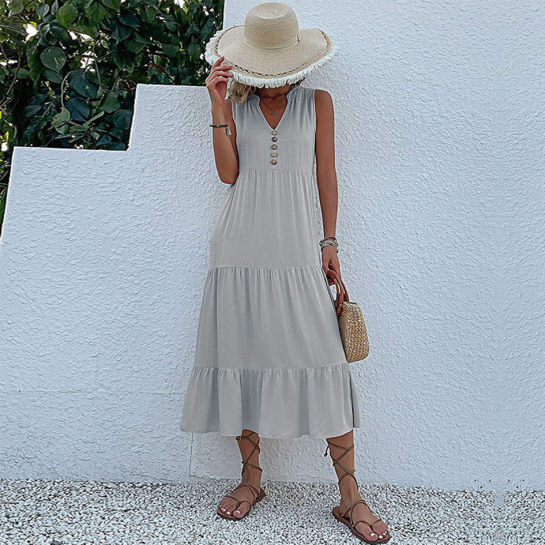 Solid Notched Buttoned Tiered Maxi Dress