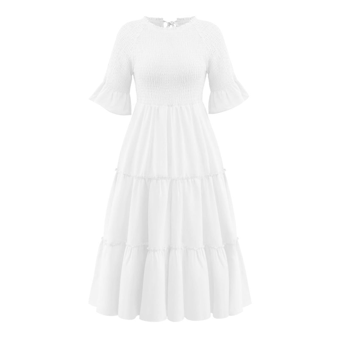 Round Neck Solid Color Smocked A-line Tiered-layered Dress