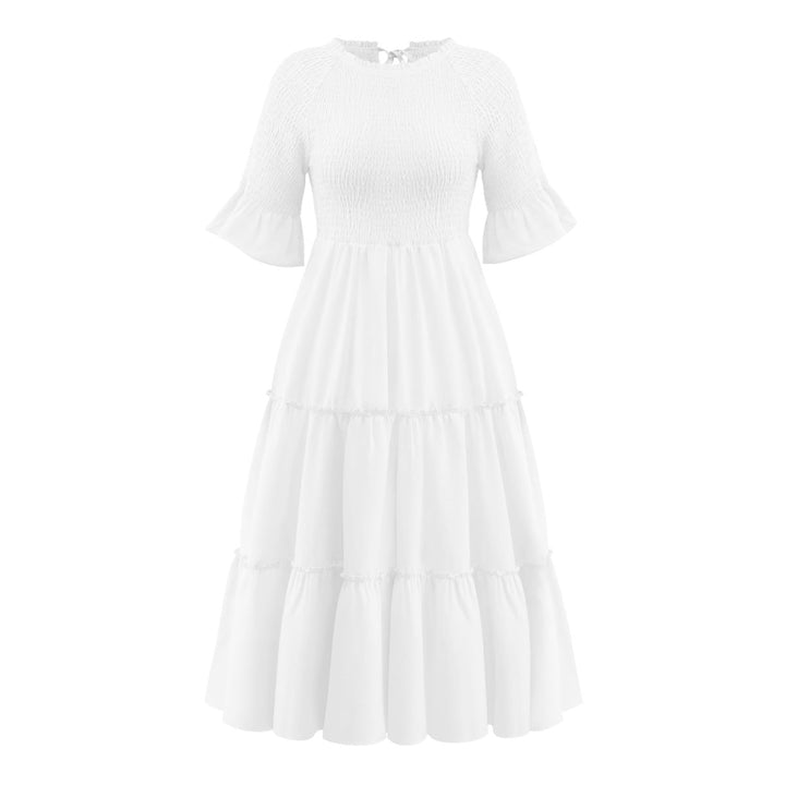 Round Neck Solid Color Smocked A-line Tiered-layered Dress