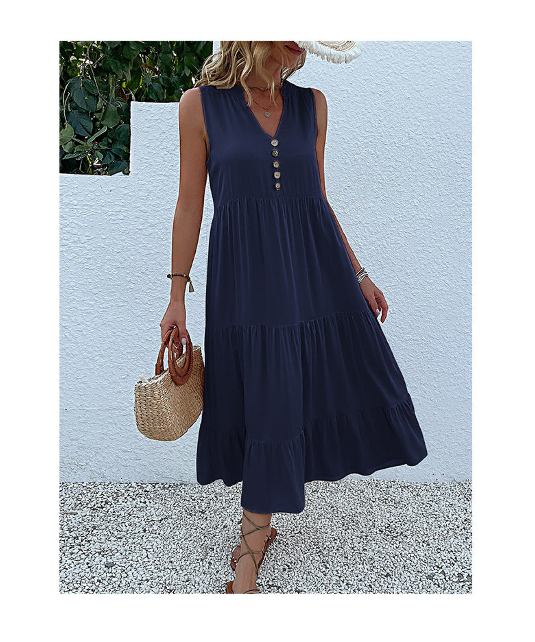 Solid Notched Buttoned Tiered Maxi Dress