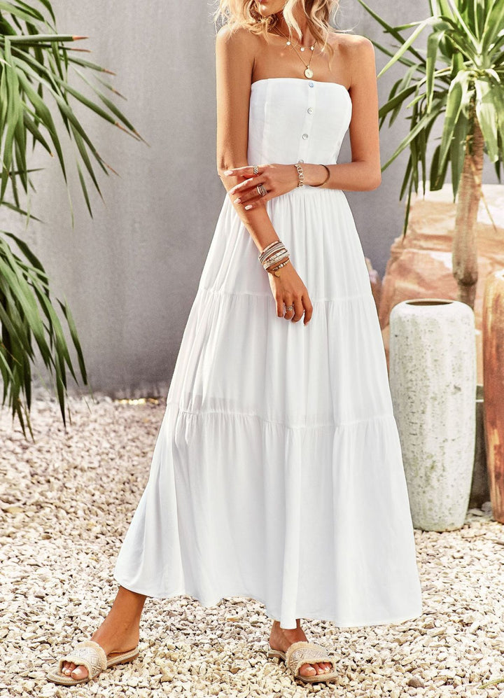 Strapless Buttoned Pleated Tiered Dress With Pocket