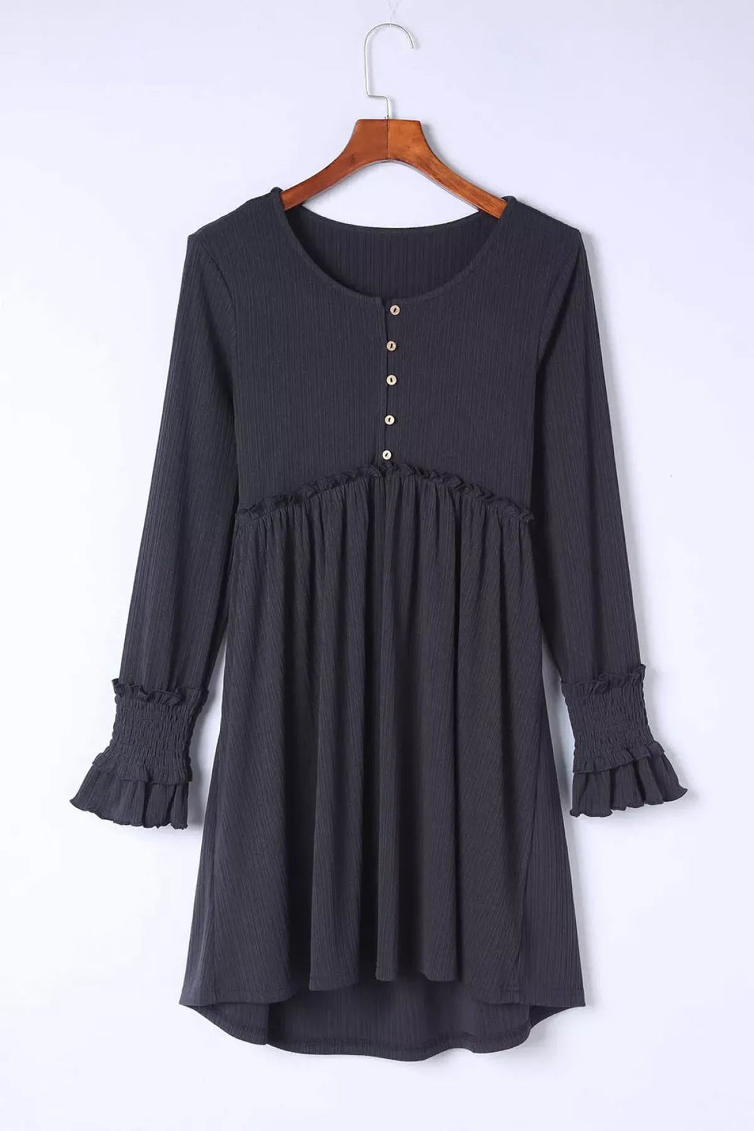 Gray Textured Button Long Sleeve Babydoll Dress