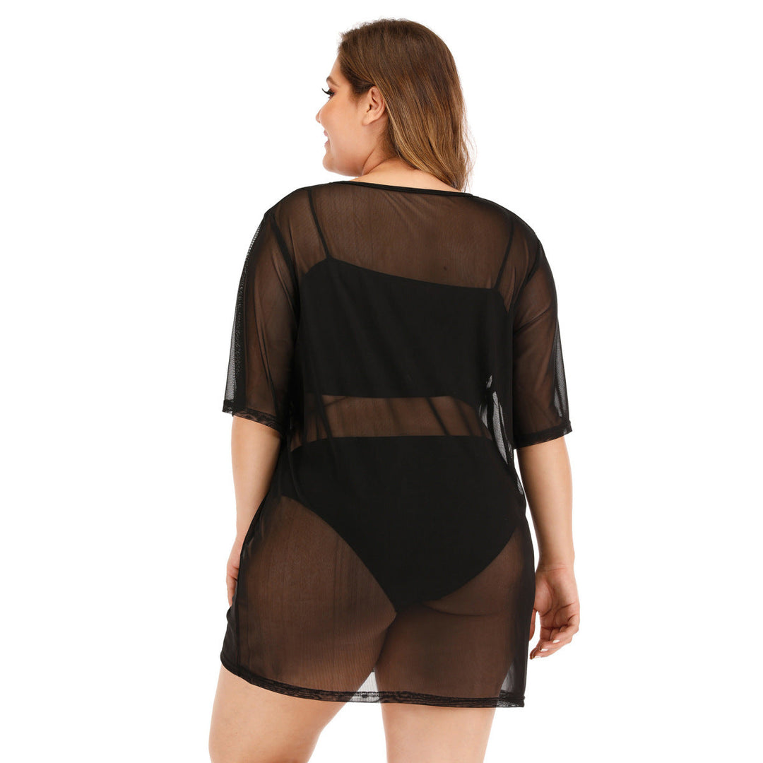 Plus Size Black Round Neck Sheer Cover Up