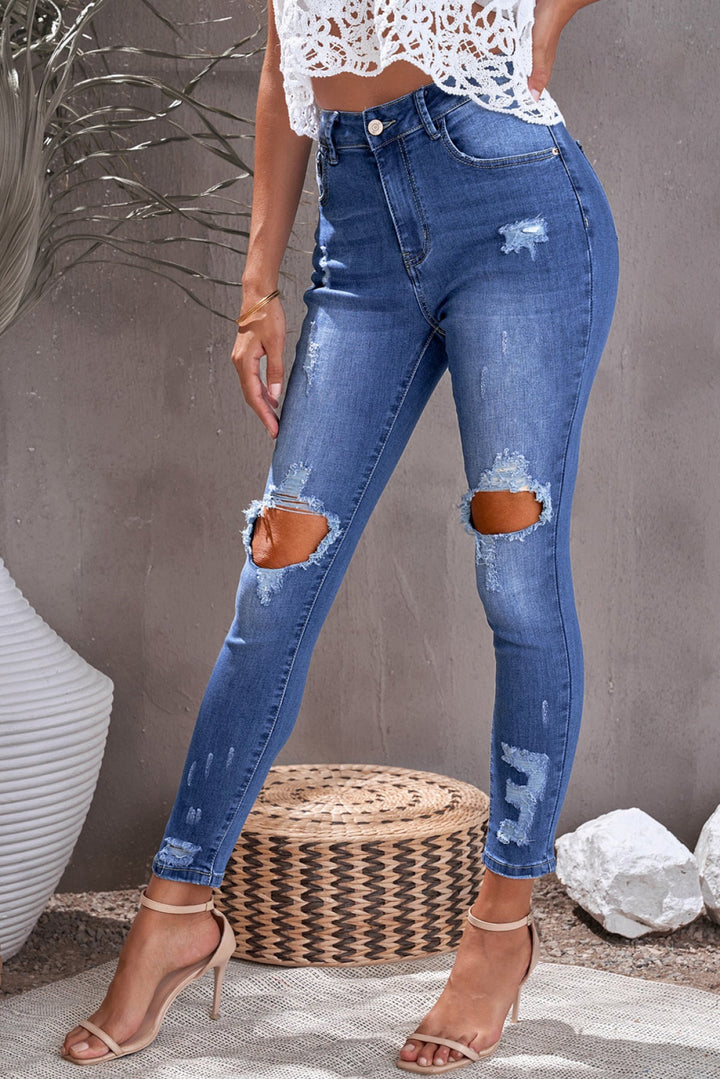 Blue Ripped High Waist Skinny Jeans