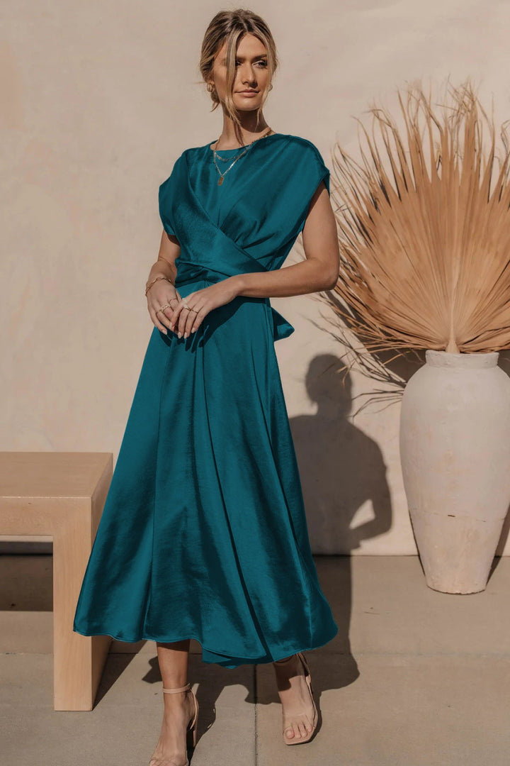 Solid Round Neck Tie Back Midi Dress