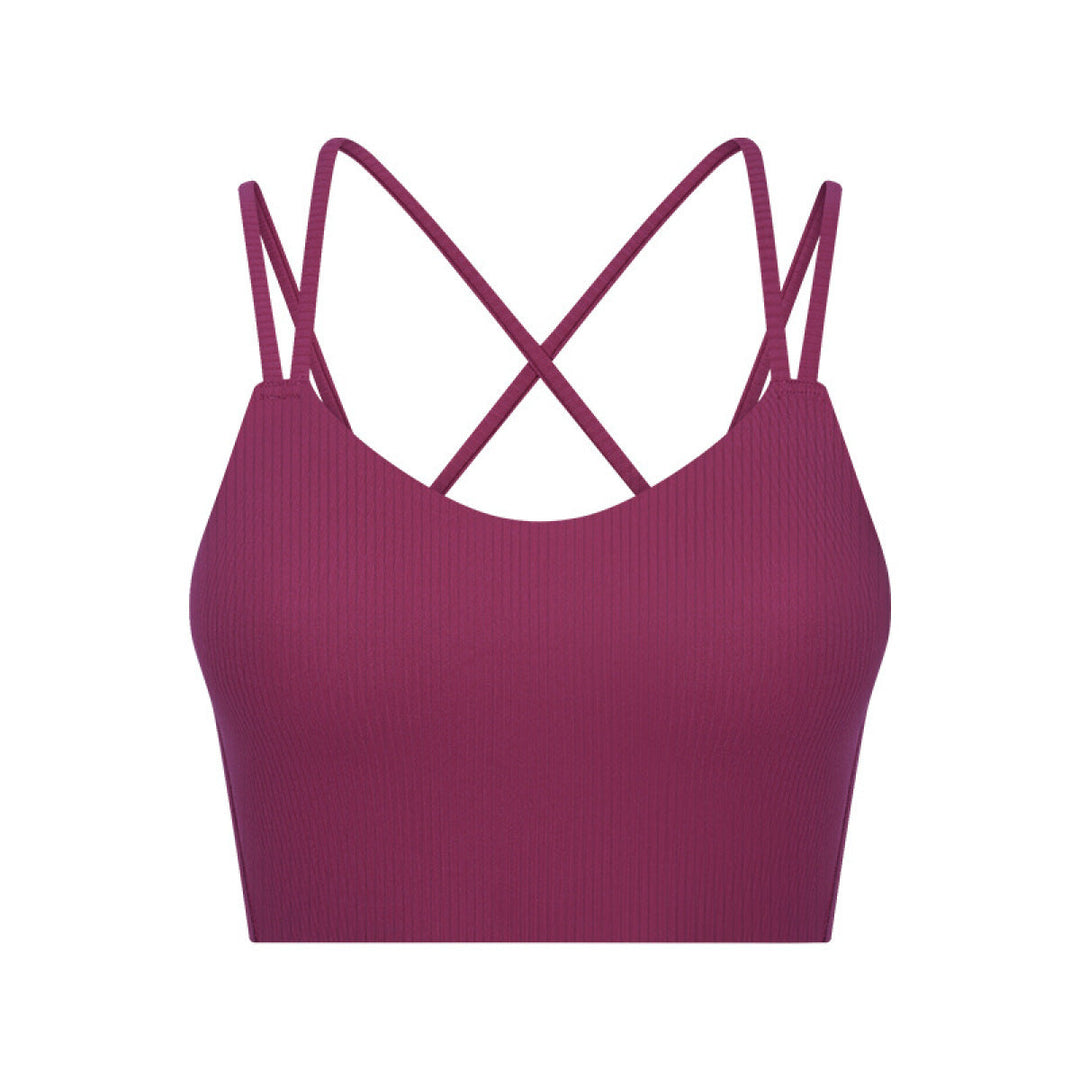 Solid Ribbed Double Shoulder Straps Crisscross Sports Bras