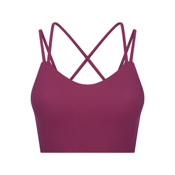 Solid Ribbed Double Shoulder Straps Crisscross Sports Bras