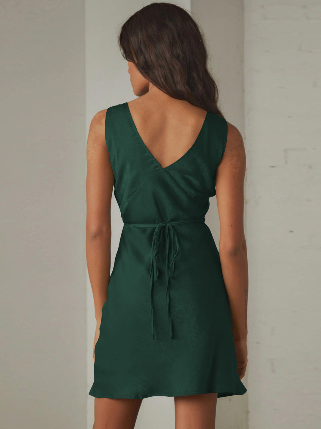 Solid Sleeveless Back Tie Waist Mini Dress