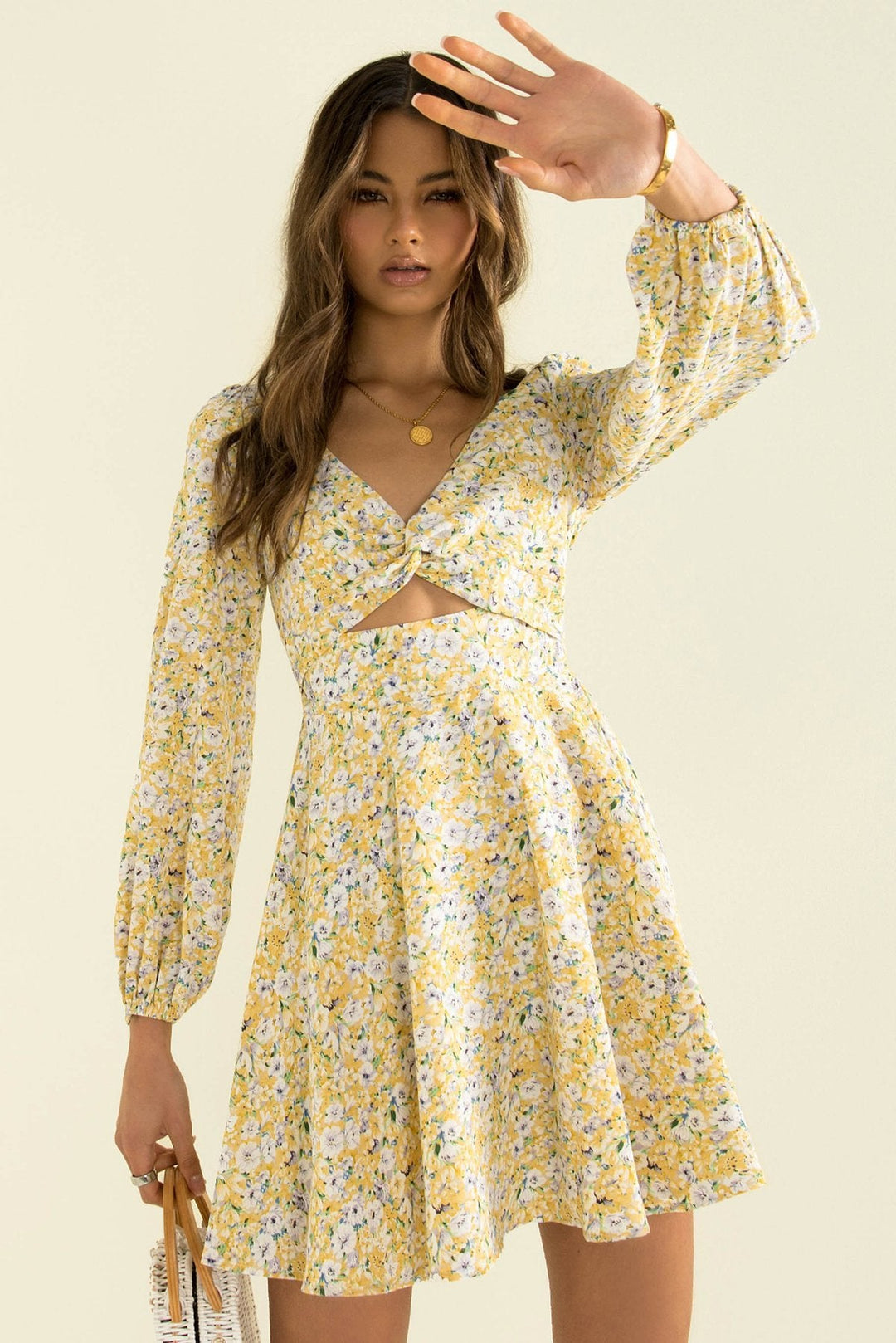 Cutout V-Neck Ditsy Floral Mini Dress