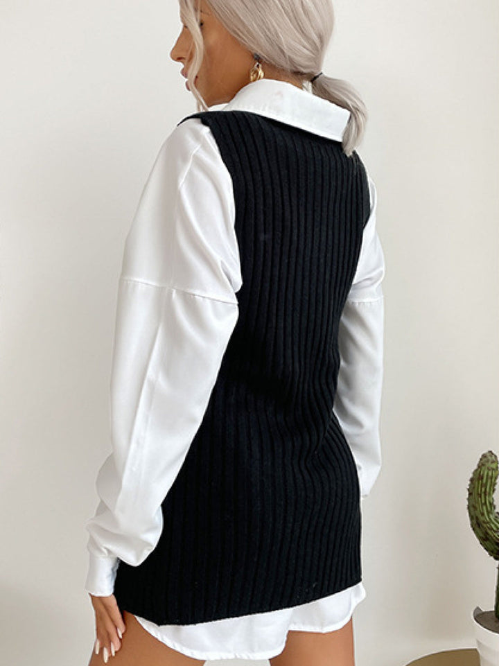 Solid Sleeveless Mockneck Side-Slit Knit Vest Dress without Belt