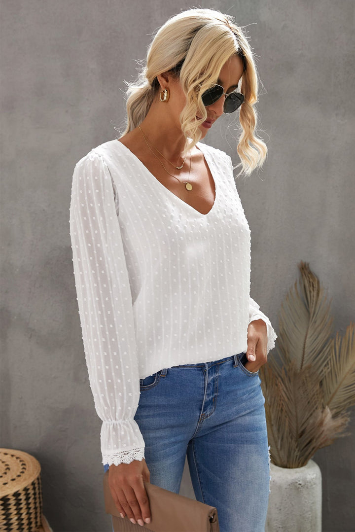 V Neck Puff Sleeve Swiss Dot Blouse