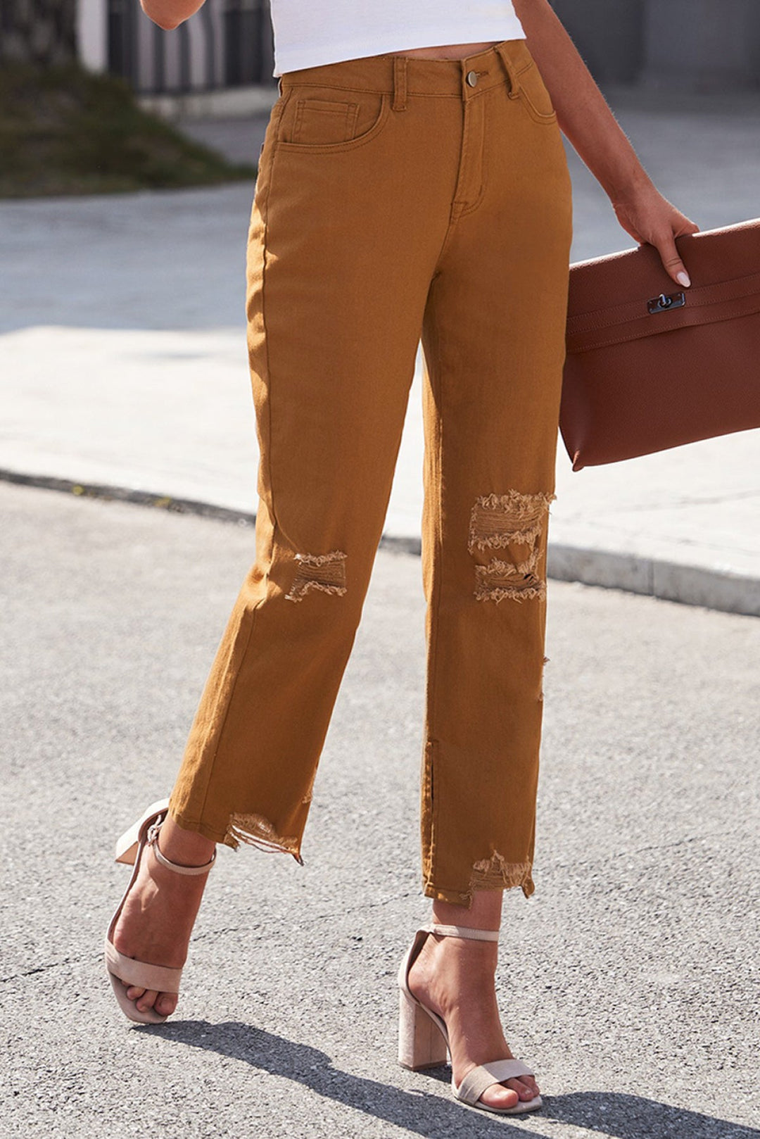 Distressed Raw Hem Straight Leg Jeans