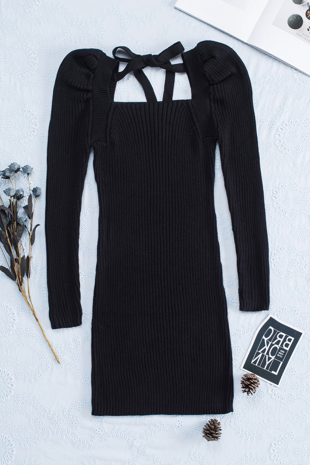 Square Neck Puffy Sleeve Sweater Dress