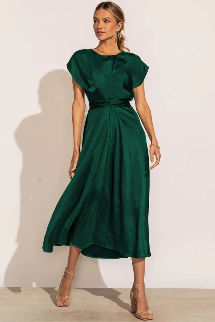 Solid Round Neck Tie Back Midi Dress