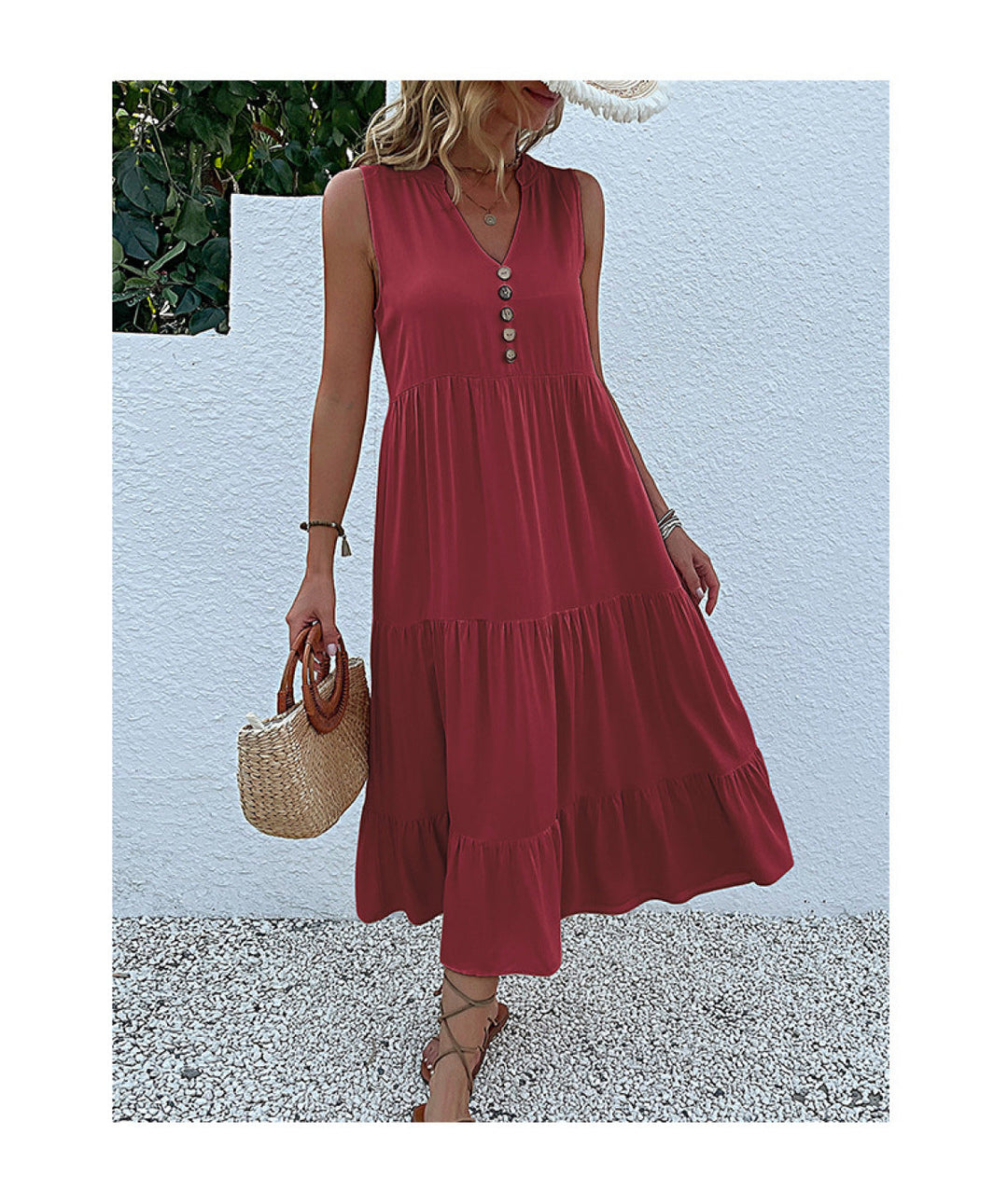 Solid Notched Buttoned Tiered Maxi Dress