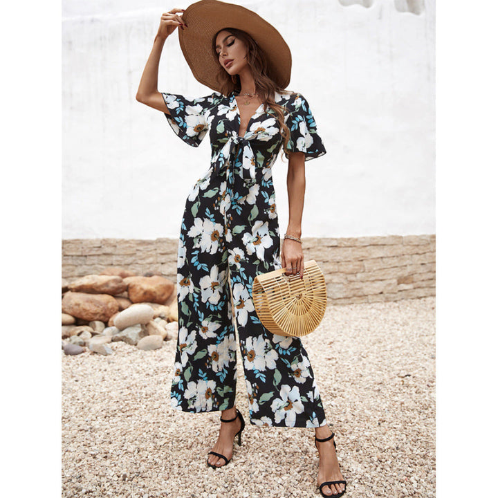 Deep V Flare Sleeve Knot Front Floral Jumpsuit