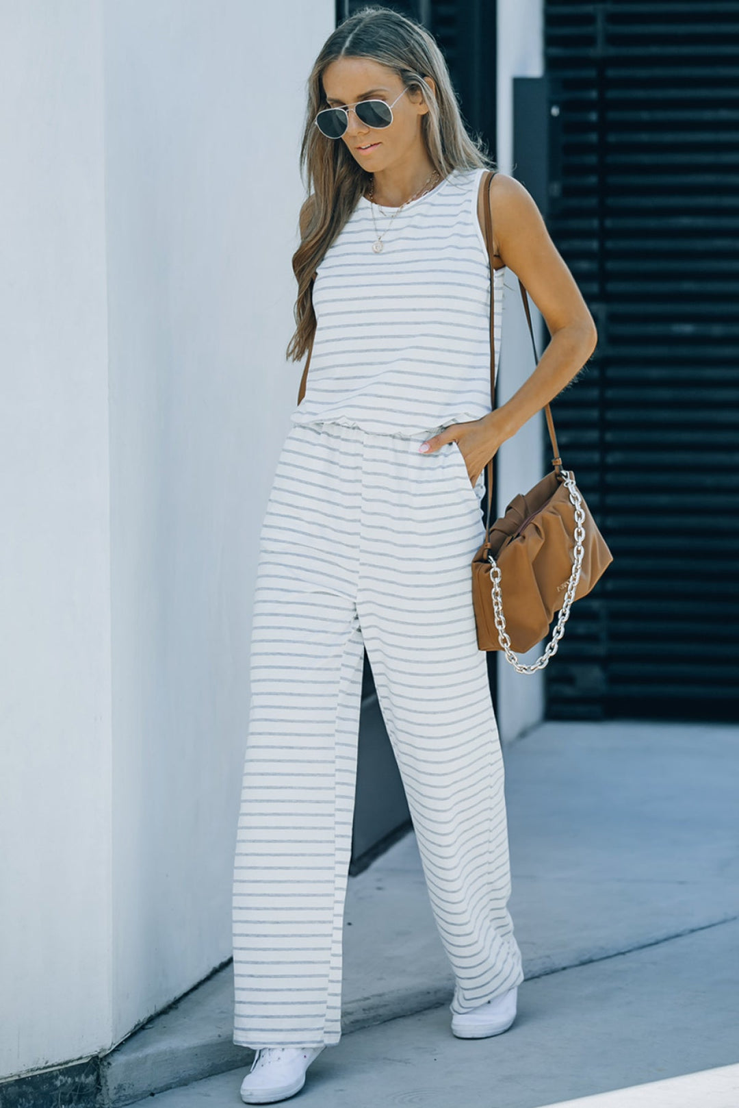 White Striped Sleeveless Jumpsuit
