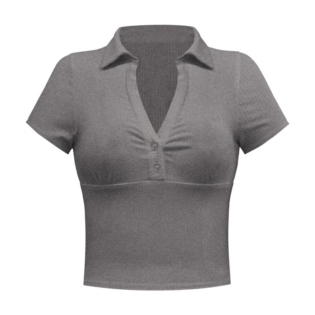 Solid Short Sleeve Buttoned V Neck Crop Top