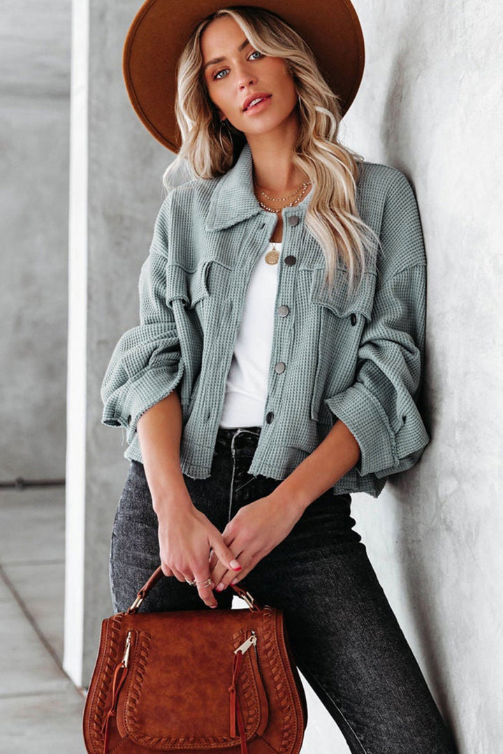 Waffle Knit Buttons Cropped Jacket With Pockets