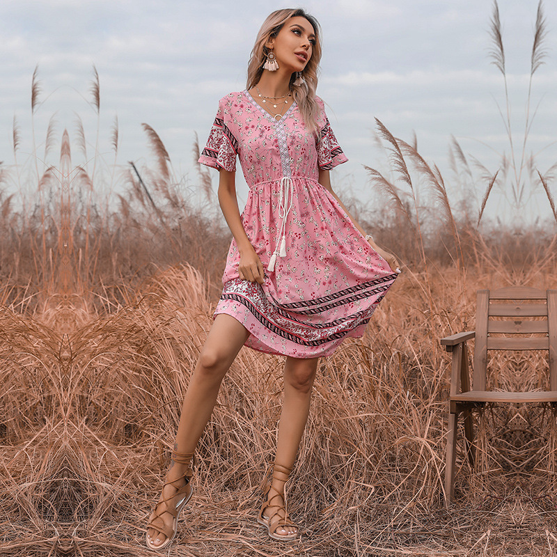 Boho Pink V-Neck Tassel Floral Dress