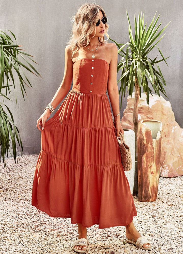 Strapless Buttoned Pleated Tiered Dress With Pocket
