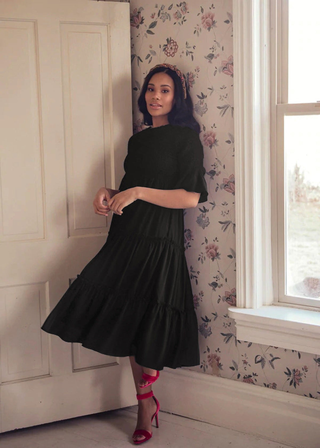 Round Neck Solid Color Smocked A-line Tiered-layered Dress