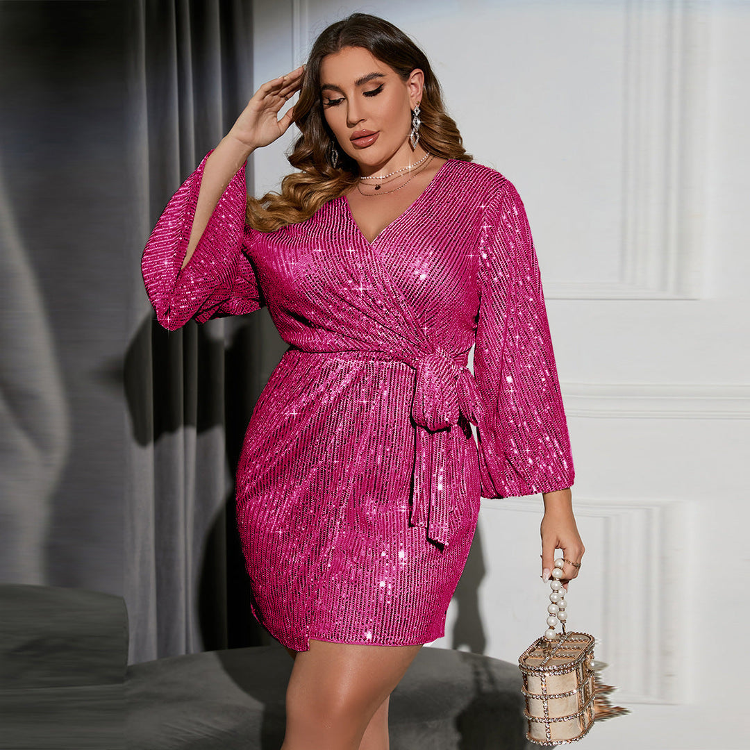 Long Sleeve Tie Waist Sequin Dress