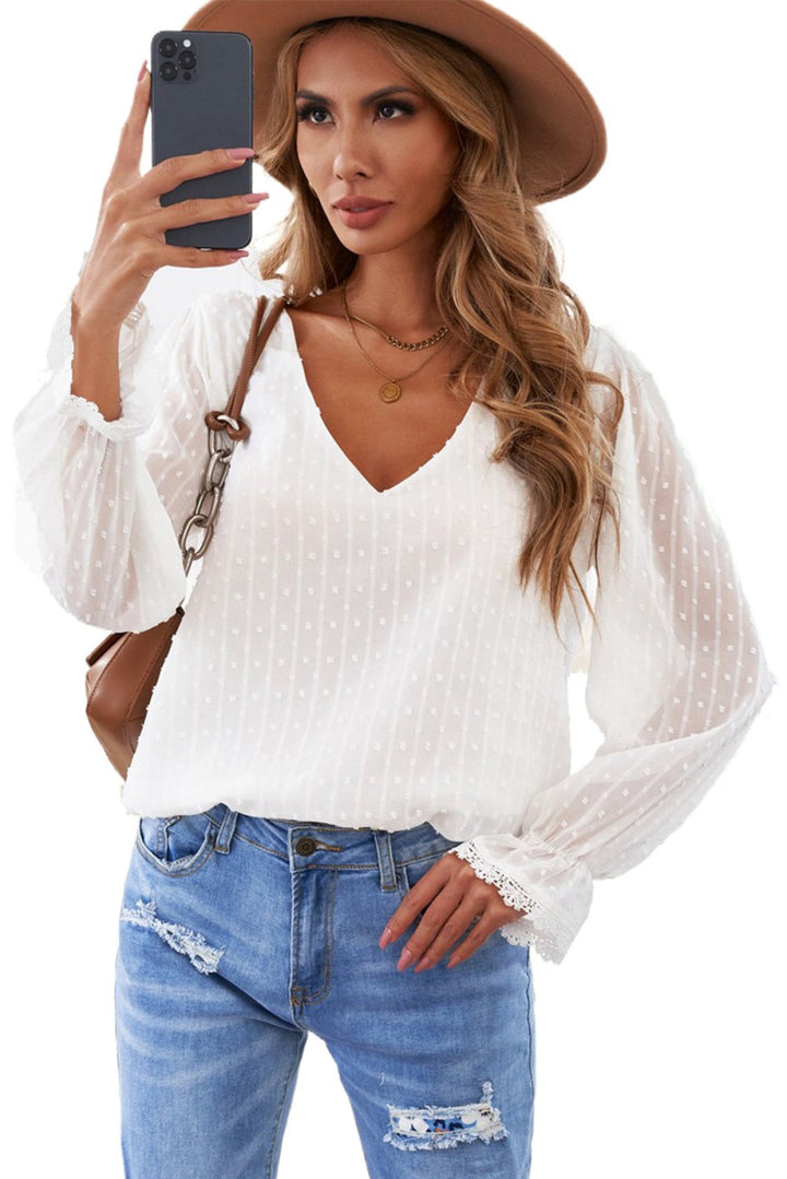 V Neck Puff Sleeve Swiss Dot Blouse