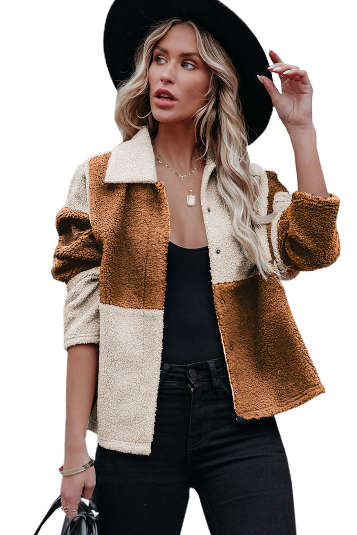 Colorblock Checkered Sherpa Jacket
