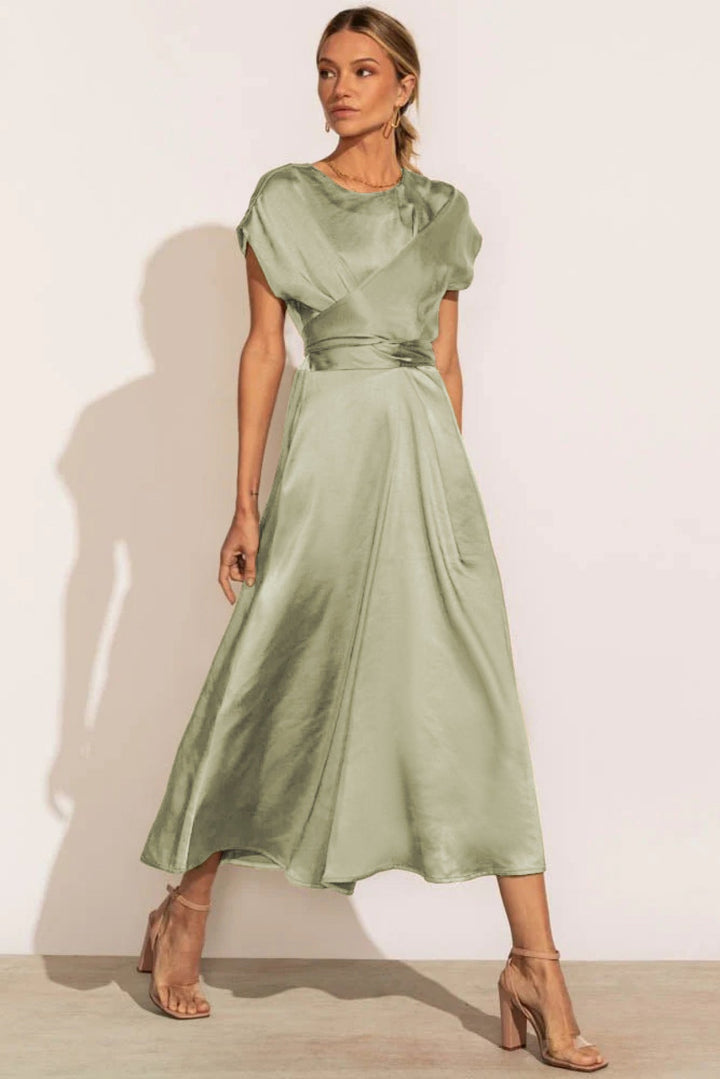 Solid Round Neck Tie Back Midi Dress