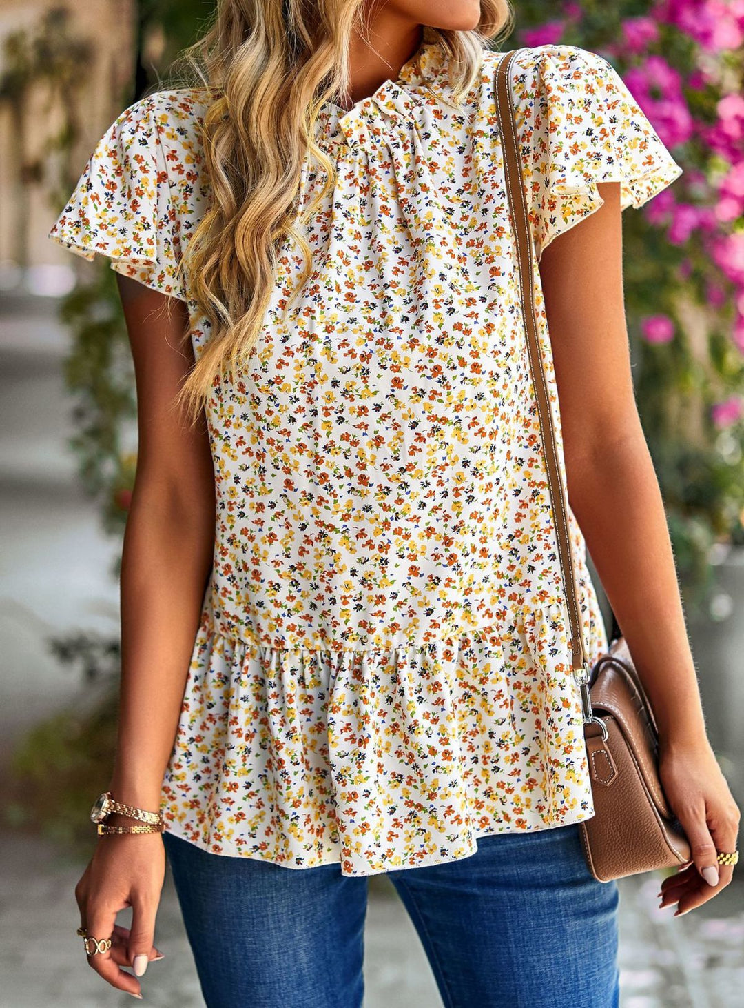 Ditsy Floral Ruffle Sleeve Gathering Blouse