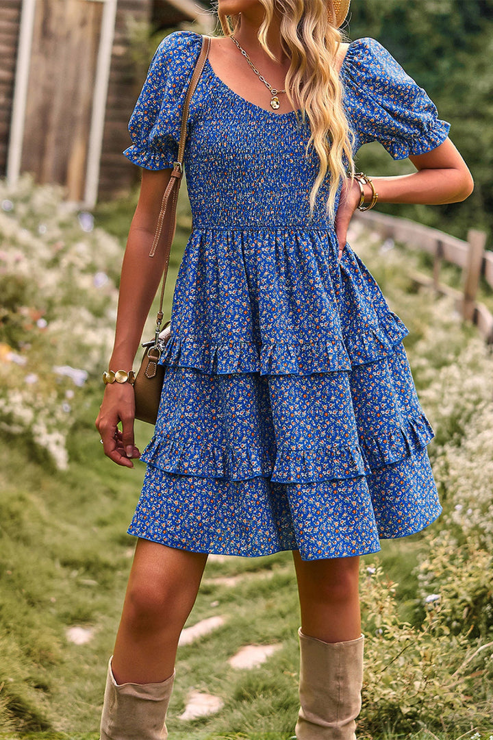 Floral Off-the-shoulder Puff Sleeve Tiered Dress