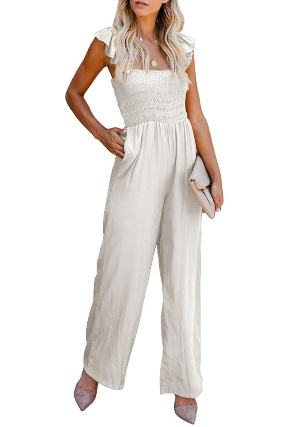 Flutter Sleeve Smocked Wide Leg Jumpsuit