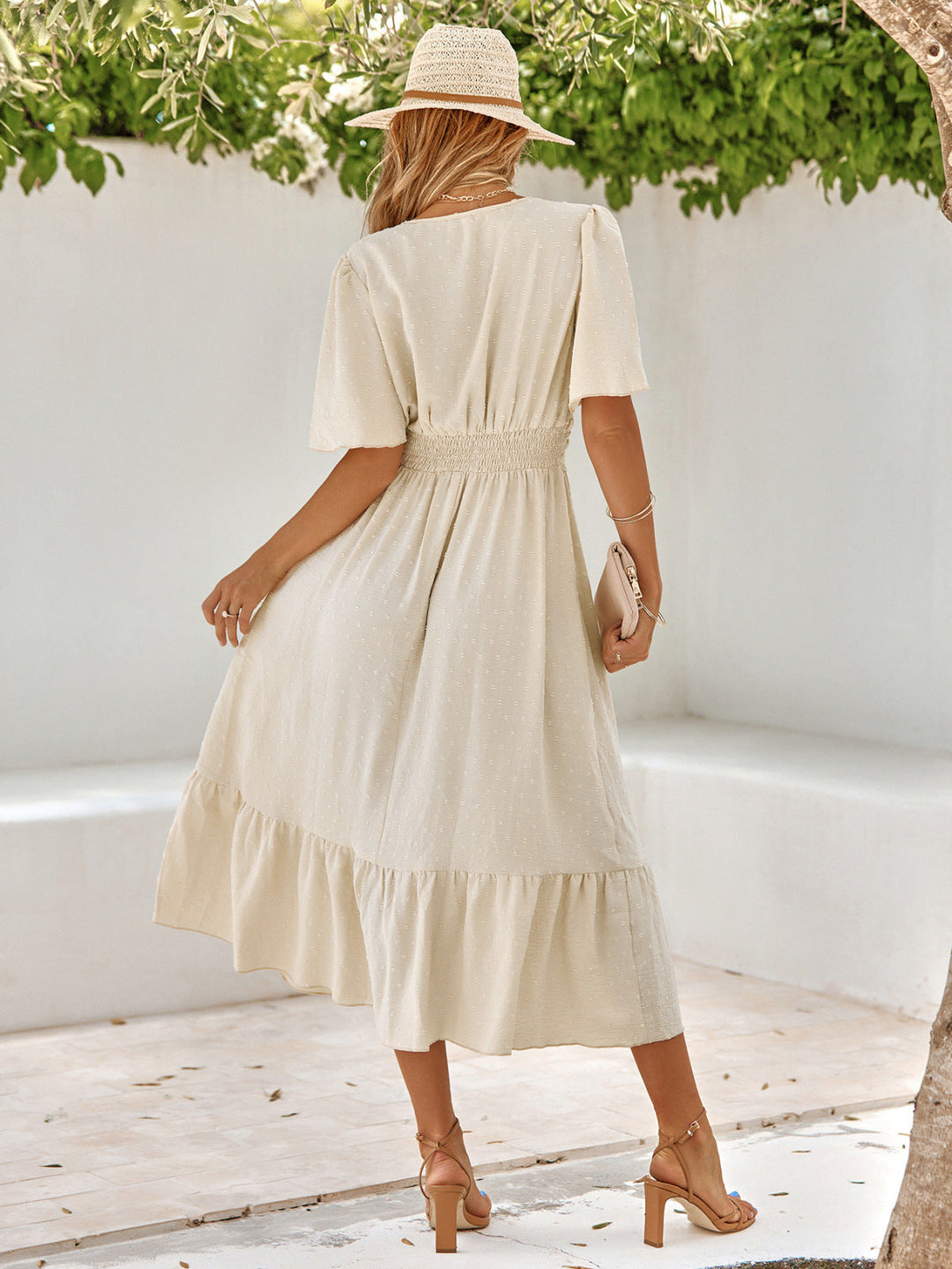 Solid V-neck Swiss Dots A-Line Midi Dress